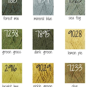May include: Nine balls of yarn in various shades of green, yellow, and blue. The yarn is labelled with numbers and names such as "forest mix", "mineral blue", "sea fog", "green grass", "dark green", "lemon pie", "bright lime", "pickle green", and "olive".
