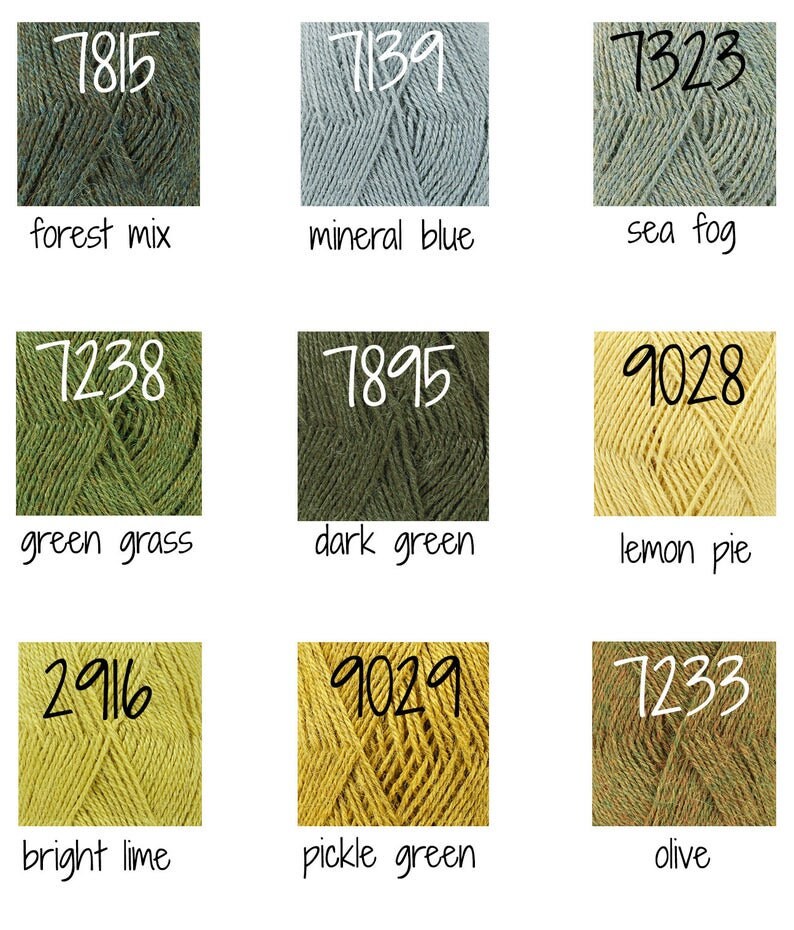 May include: Nine balls of yarn in various shades of green, yellow, and blue. The yarn is labelled with numbers and names such as "forest mix", "mineral blue", "sea fog", "green grass", "dark green", "lemon pie", "bright lime", "pickle green", and "olive".
