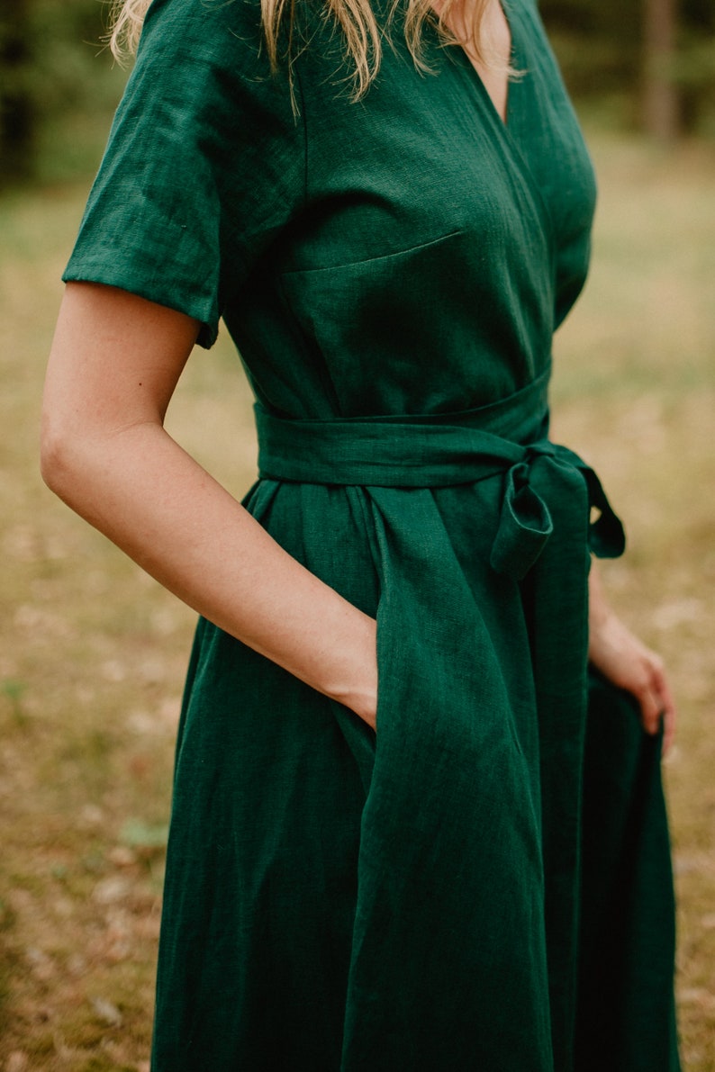 Lisbon Dress Wrap Linen Dress Linen Dress Romantic Dress Wide Skirt Dress Linen Clothing Summer Dress Green Dress Women Dress image 7