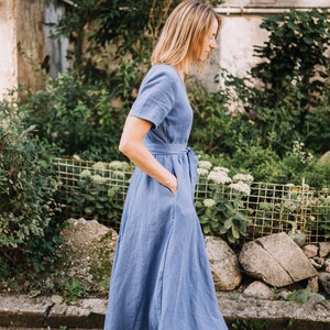 Lisbon Dress Wrap Dress Linen Dress Romantic Dress Wide Skirt Dress Linen Clothing Summer Dress Long Blue Dress Women Dress image 5