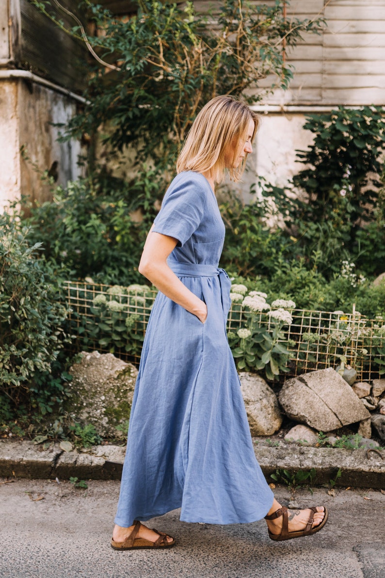 Lisbon Dress Wrap Dress Linen Dress Romantic Dress Wide Skirt Dress Linen Clothing Summer Dress Long Blue Dress Women Dress image 5