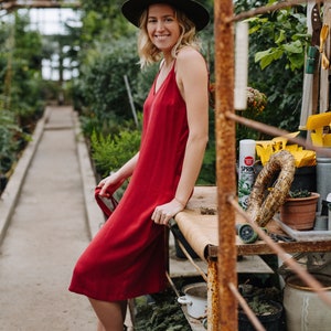May include: A woman wearing a red dress and a green hat stands in a greenhouse. She is leaning on a rusty metal shelf with plants and gardening supplies. The shelf has a white spray bottle labeled "SPRIN"