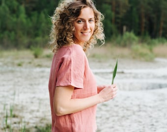 Madagascar top, V neck linen top, Short linen top, Salmon linen blouse, Pink women top, Women linen top, Beach linen top, Linen shirt women