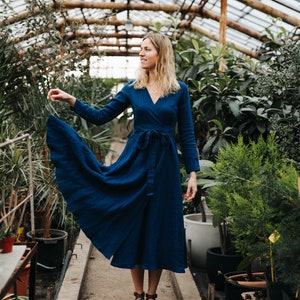 Berlin Dress - Bridesmaids Dress - Wrap Linen Dress - Linen Clothing - Romantic Dress - Wide Skirt Dress - Long Linen Dress - Navy Dress