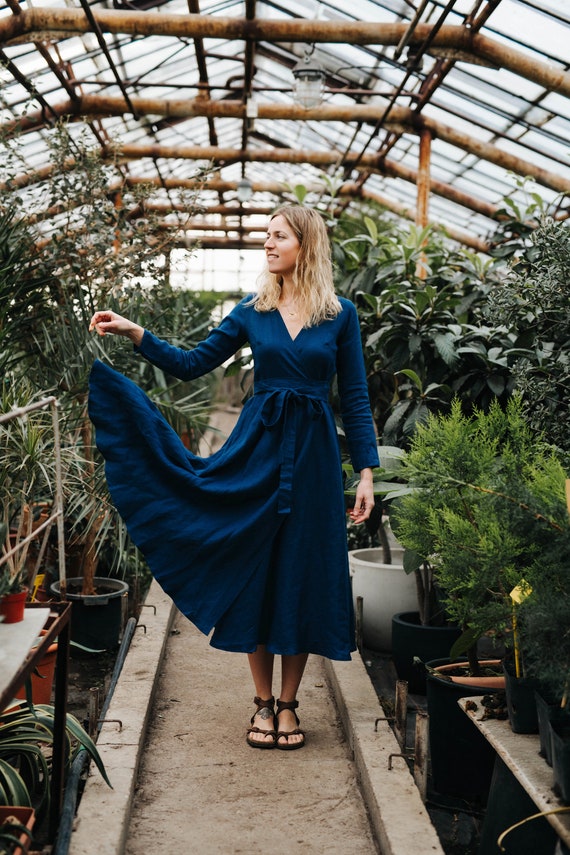 Womens Dresses Navy Linen Wrap Dress Ladies Dresses The Iconic