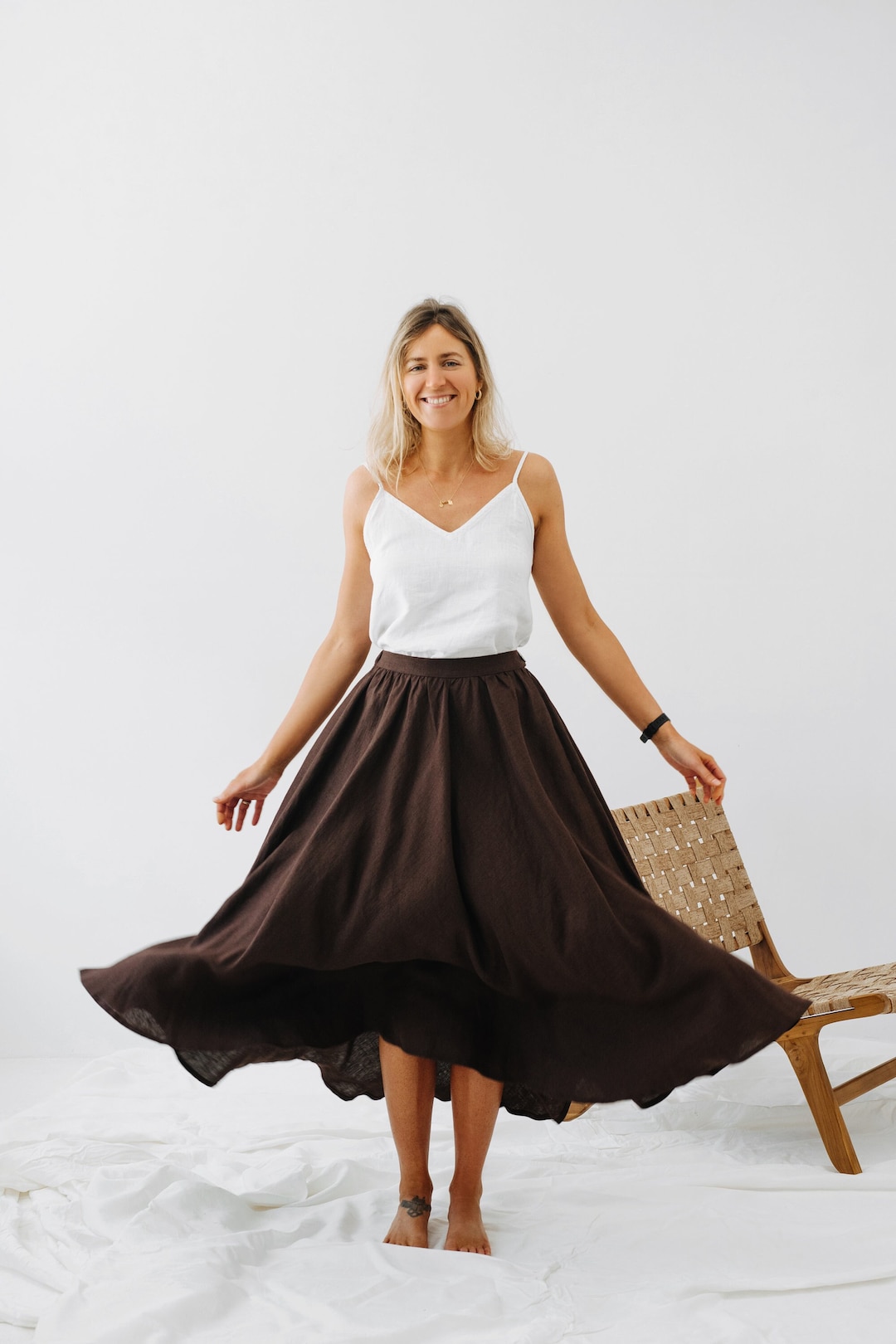 Jupe Prague, Jupe en lin pour femme marron, Jupe large en lin