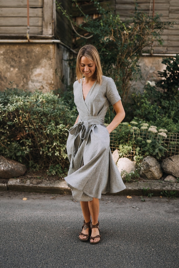 Lisbon Dress, Linen Dress, Wrap Dress, Linen Clothing, Romantic Dress, Wide Skirt Dress, Summer Dress, Striped Dress, Women's Dress Lisbon Dress, Linen Dress, Wrap Dress, Linen Clothing, Romantic Dress, Wide Skirt Dress, Summer Dress, Striped Dress, Women's Dress