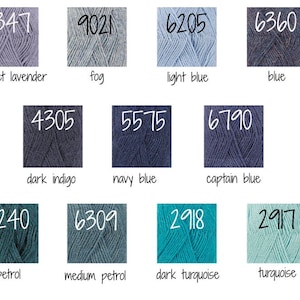 May include: A color chart of yarn samples in various shades of blue, teal, and turquoise. The yarn samples are labeled with numbers and names, including sweet lavender, fog, light blue, blue, dark indigo, navy blue, captain blue, petrol, medium petrol, dark turquoise, and turquoise.
