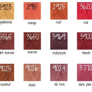 May include: A color chart of yarn samples with corresponding numbers and names. The colors range from yellow to red, with shades of orange, brown, and pink. The yarn samples are arranged in a grid of four rows and four columns.