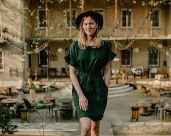 Vestido de San Diego - Vestido de lino - Vestido Verde - Vestido de Gran Tamaño - Ropa de lino - Vestido de ajuste holgado - Vestido de lino Boho - Vestido de volantes