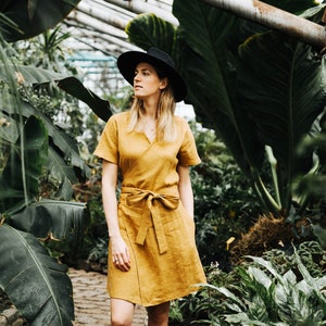 Baku dress, Wrap linen dress, Linen dress, Romantic dress, Short linen dress, Maternity dress, Yellow linen dress, Women linen dress