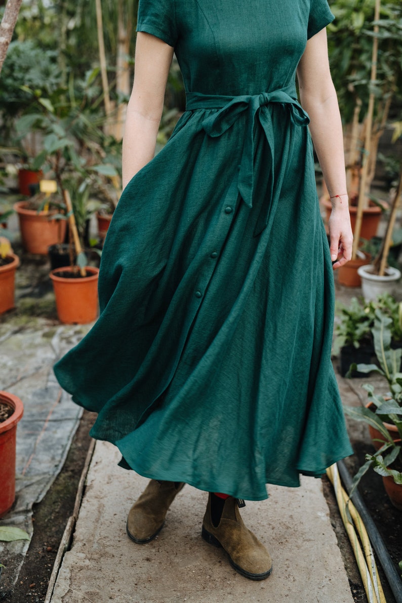 Helena Dress Green Linen Dress V Back Linen Dress Wide Skirt Linen Dress Bridesmaids Linen Dress Wedding Linen Dress Summer Dress image 7