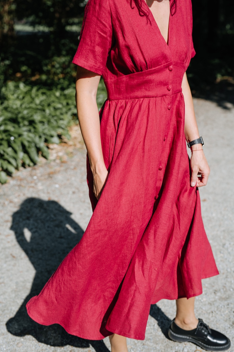 Robe de juillet, robe en lin bordeaux, robe en lin de maternité, robe en lin long, robe en lin de demoiselles dhonneur, robe en lin dété, robe avec boutons image 6