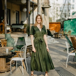 Lisbon dress, Wrap linen dress, Bridesmaids dress, Linen dress, Green dress, Romantic dress, Wide skirt dress, Summer dress image 3