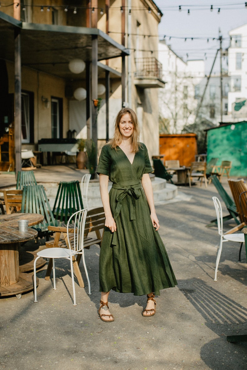 Lisbon dress, Wrap linen dress, Bridesmaids dress, Linen dress, Green dress, Romantic dress, Wide skirt dress, Summer dress image 3