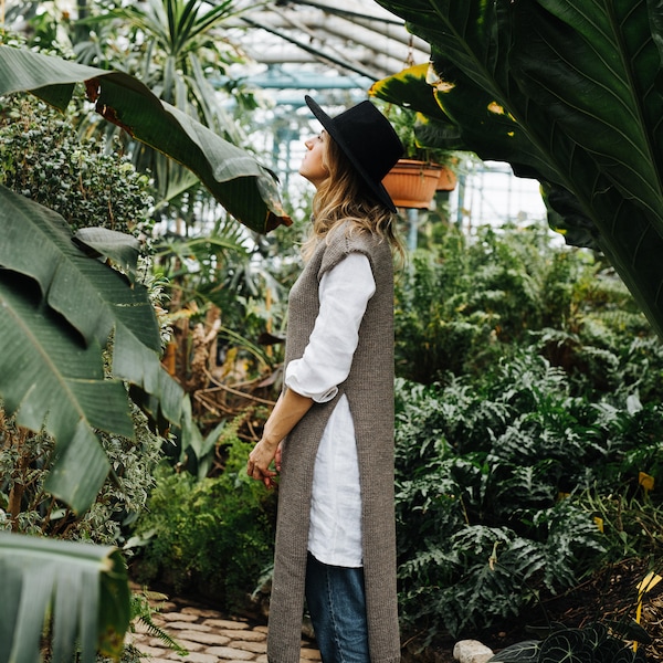 Chaleco de Texas, chaleco largo, jersey de lana, jersey Boho, suéter marrón, cuello de tortuga de lana, cuello de tortuga largo, cuello de tortuga de invierno, suéter de punto a mano