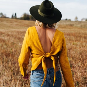 Peony Top Linen Top Backless Linen Top Long Sleeve Linen Top Yellow Linen Top Linen Blouse Women Linen Top Summer Linen Top imagem 1