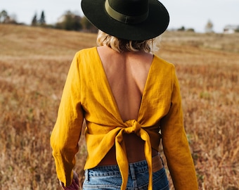 Peony Top - Linen Top - Backless Linen Top - Long Sleeve Linen Top - Yellow Linen Top - Linen Blouse - Women Linen Top - Summer Linen Top