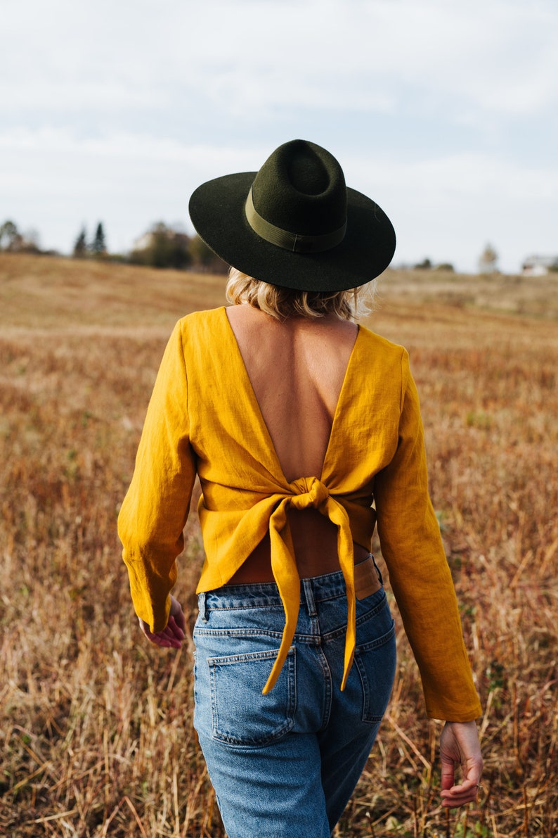 Peony Top Linen Top Backless Linen Top Long Sleeve Linen Top Yellow Linen Top Linen Blouse Women Linen Top Summer Linen Top imagem 1