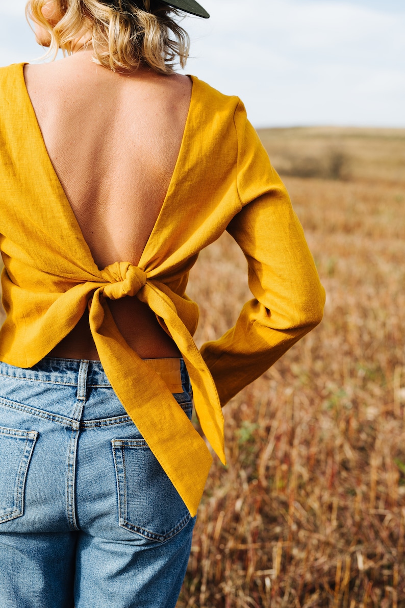 Peony Top Linen Top Backless Linen Top Long Sleeve Linen Top Yellow Linen Top Linen Blouse Women Linen Top Summer Linen Top imagem 6