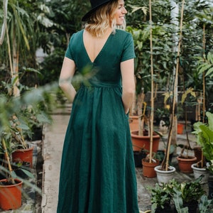 Helena Dress Green Linen Dress V Back Linen Dress Wide Skirt Linen Dress Bridesmaids Linen Dress Wedding Linen Dress Summer Dress image 5