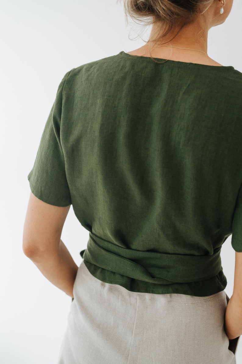 Elle Top Wrap Linen Top Summer Wrap Linen Top Women Wrap Top Green Linen Top Short Sleeve Linen Top Wedding Linen Blouse image 4