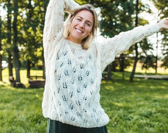 Etosha Pullover - Alpaca Wool Pullover - Hand Knitted Sweater - White Pullover - Oversized Wool Pullover - Loose Fit Pullover -Women sweater