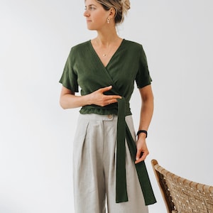 Elle Top Wrap Linen Top Summer Wrap Linen Top Women Wrap Top Green Linen Top Short Sleeve Linen Top Wedding Linen Blouse image 2