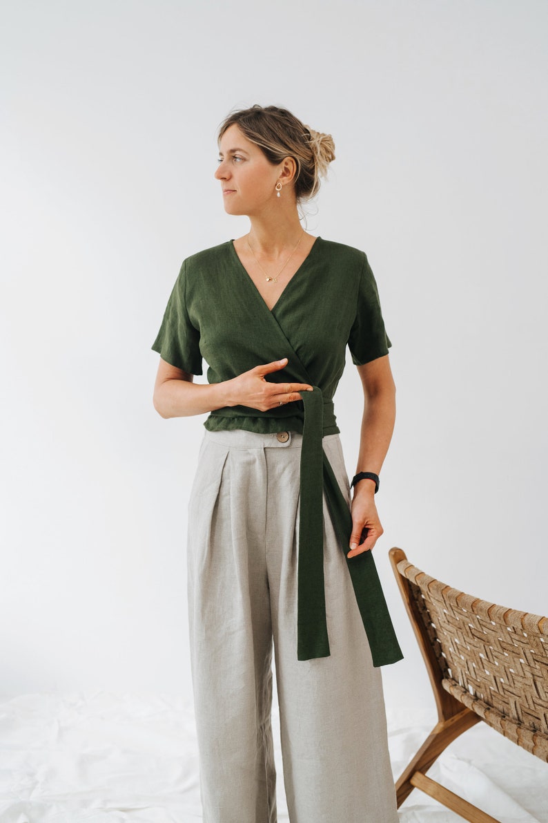 Elle Top Wrap Linen Top Summer Wrap Linen Top Women Wrap Top Green Linen Top Short Sleeve Linen Top Wedding Linen Blouse image 2