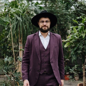 Aras Suit - Three Piece Linen Suit - Plum Linen Suit - Classic Men Linen Suit - Slim Fit Linen Suit - Purple Linen Suit - Boho Linen Suit