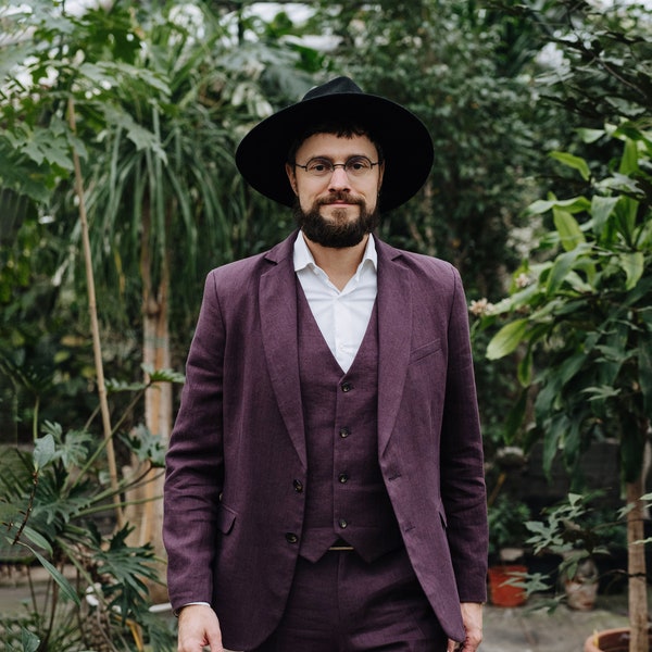 Aras Suit - Three Piece Linen Suit - Plum Linen Suit - Classic Men Linen Suit - Slim Fit Linen Suit - Purple Linen Suit - Boho Linen Suit