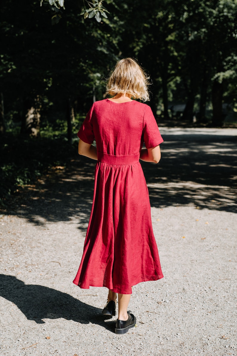 Robe de juillet, robe en lin bordeaux, robe en lin de maternité, robe en lin long, robe en lin de demoiselles dhonneur, robe en lin dété, robe avec boutons image 4