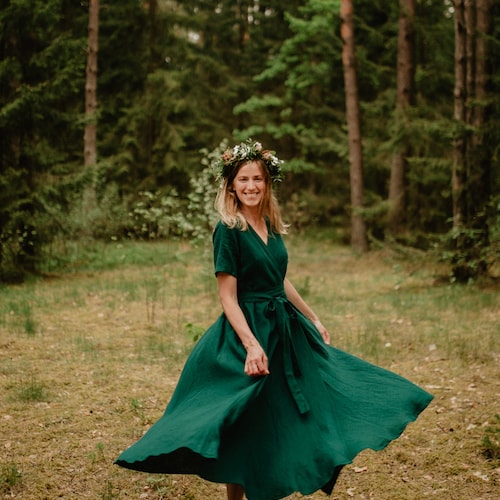 Lisbon Dress - Wrap Linen Dress - Linen Dress - Romantic Dress - Wide Skirt Dress - Linen Clothing - Summer Dress- Green Dress - Women Dress