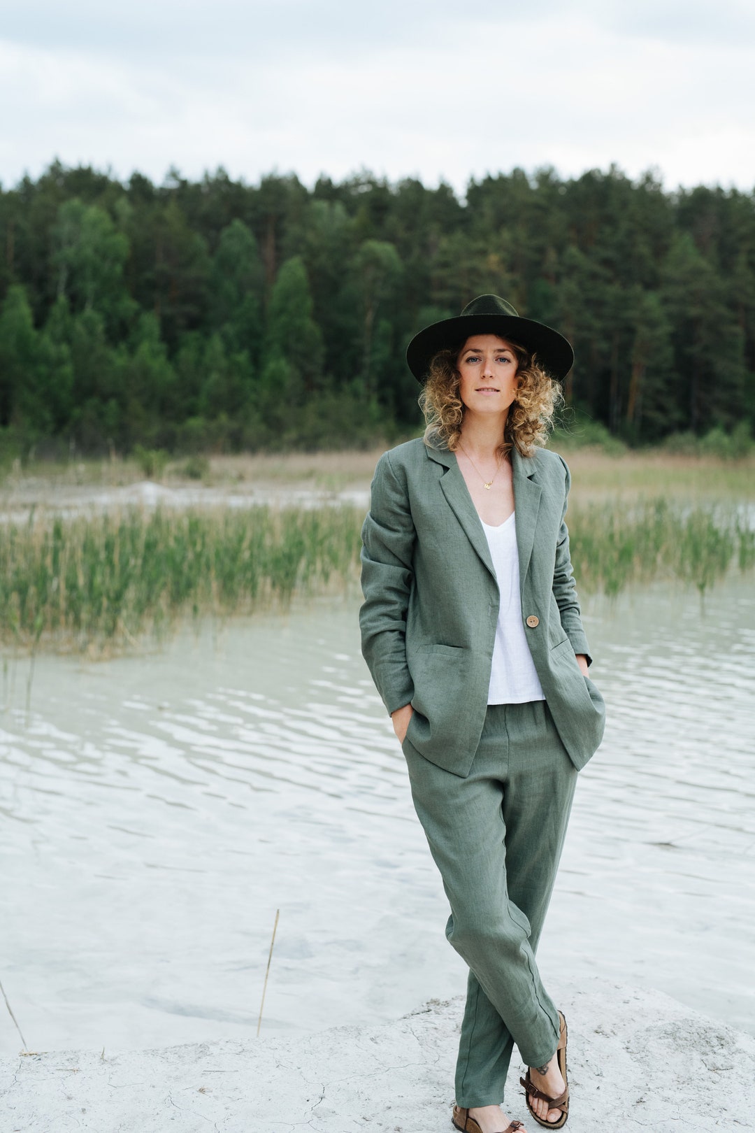 Traje de lino para mujer/ Elegante conjunto de dos piezas/ Traje de  pantalón verde de cintura alta para mujer con manga abullonada/ Traje de  poder, traje de verano, Co-Ords -  México