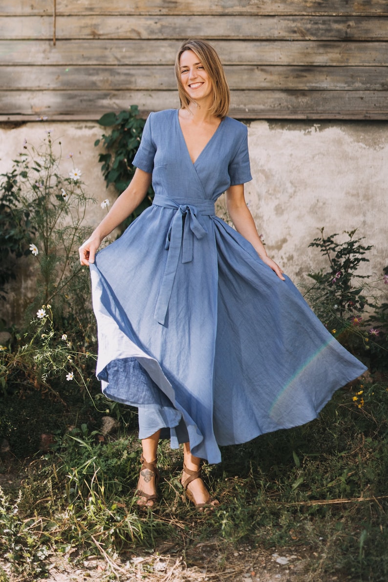 Lisbon Dress Wrap Dress Linen Dress Romantic Dress Wide Skirt Dress Linen Clothing Summer Dress Long Blue Dress Women Dress image 2