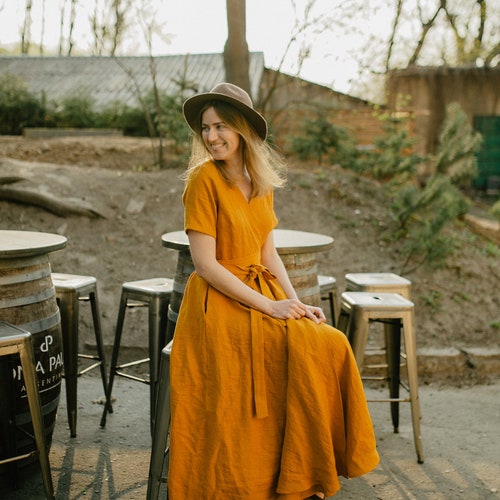 100% Linen Wrap Dress/ 1240 - Etsy