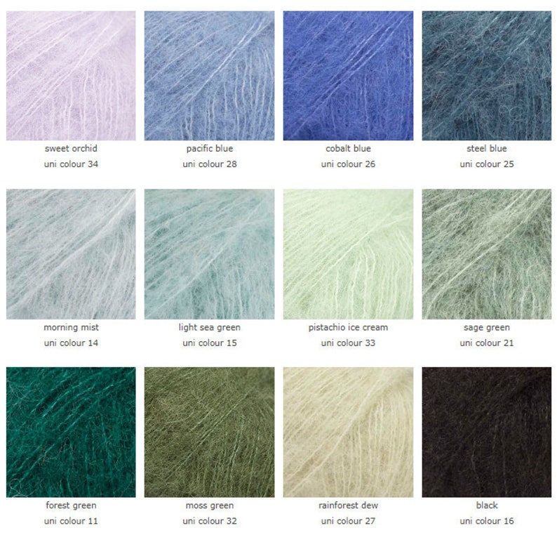 May include: A color chart of yarn samples in various shades of blue, green, and white. The yarn is a soft, fuzzy mohair blend. The colors are labeled with their names and corresponding uni color numbers.