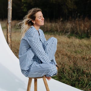 Kingston Pyjamas, Women Cotton Pyjamas, Checks Cotton Pyjamas, Blue Checks Pyjamas, Unisex Pyjamas, Long Cotton Pants, Women Cotton Top
