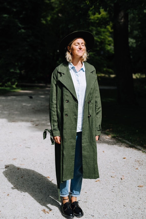 Bronx Trench Coat, Classic Linen Coat, Green Trench Coat Unisex, Women Trench Coat, Autumn Spring Women Coat, Long Linen Trench Coat