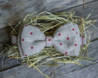 Polka Dot Bow Tie - Linen Bow Tie - Grooms Bow Tie - Rustic Bow Tie - Wedding Bow Tie - Party Bow Tie - Bow Tie For Men - Prom Bow Tie