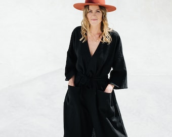 Handmade Black Linen Kimono Robe, Long Summer Coat