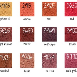 May include: A colour chart of yarn samples with corresponding numbers and names. The colours range from yellow to red, with shades of orange, brown, and pink. The yarn samples are arranged in a grid of four rows and four columns.