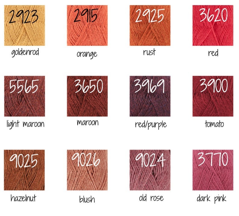 May include: A colour chart of yarn samples with corresponding numbers and names. The colours range from yellow to red, with shades of orange, brown, and pink. The yarn samples are arranged in a grid of four rows and four columns.