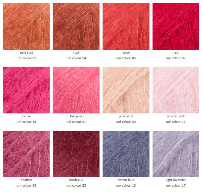 May include: A color chart showing 12 different shades of yarn. The colors include pale rust, rust, coral, red, cerise, hot pink, pink sand, powder pink, heather, bordeaux, denim blue, and light lavender.