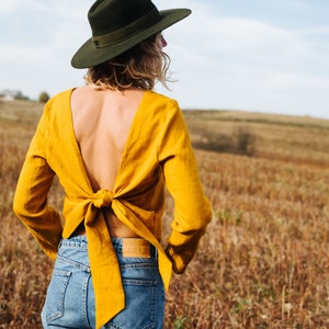 Peony Top Linen Top Backless Linen Top Long Sleeve Linen Top Yellow Linen Top Linen Blouse Women Linen Top Summer Linen Top image 3