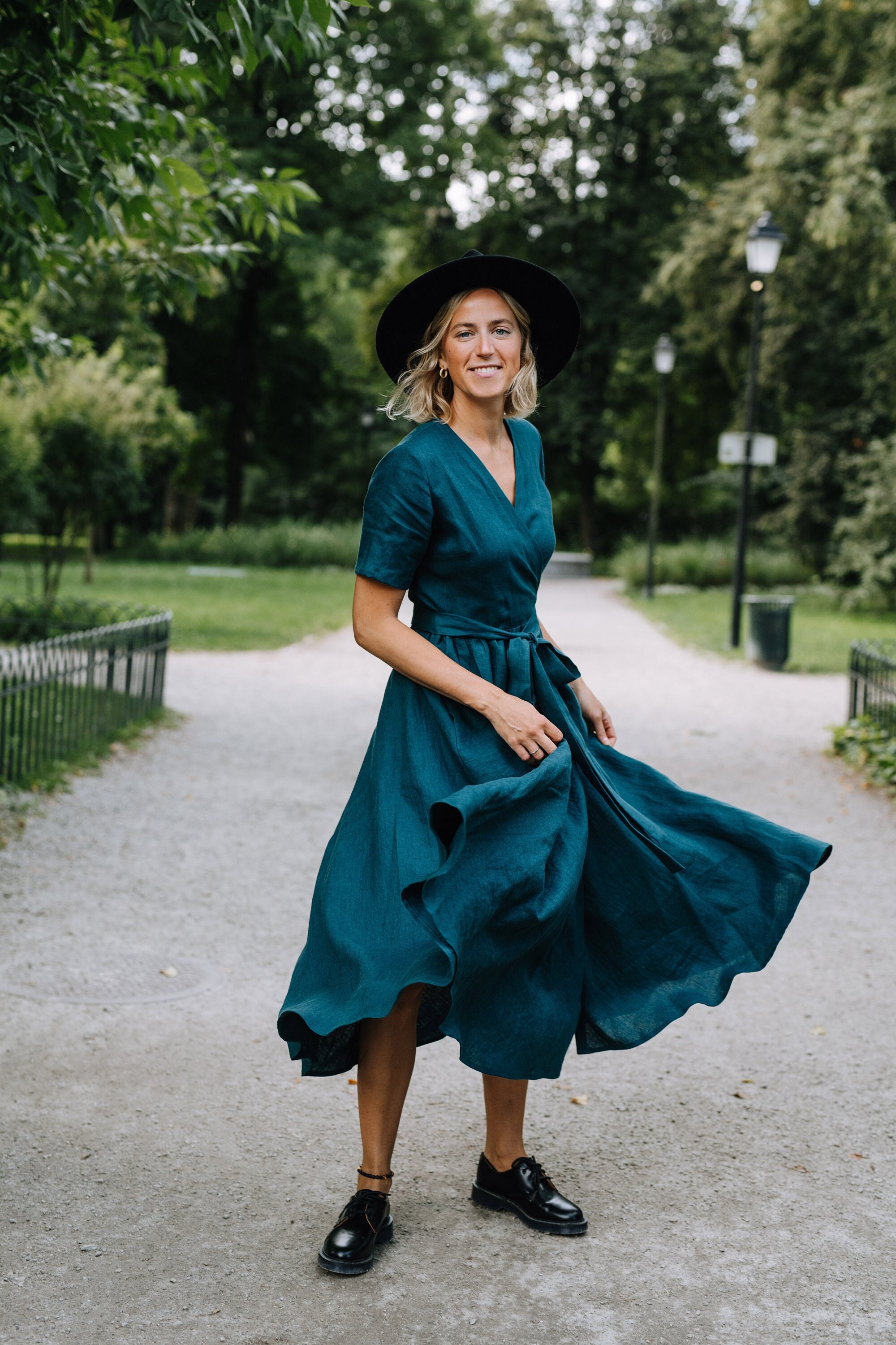 Lisbon Dress - Wrap Linen Dress - Linen Dress - Romantic Dress - Wide Skirt Dress - Linen Clothing - Summer Dress- Petrol Dress- Women Dress