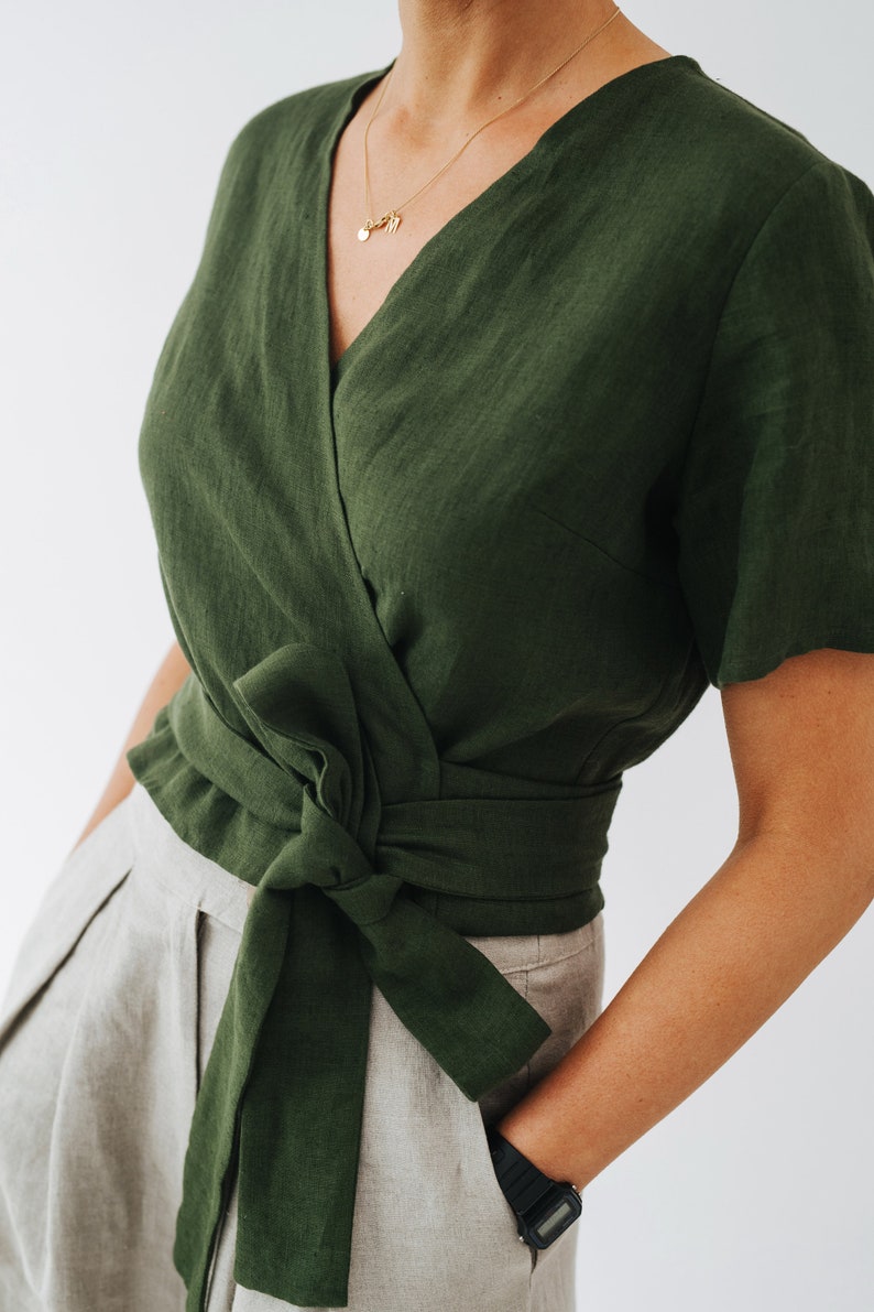 Elle Top Wrap Linen Top Summer Wrap Linen Top Women Wrap Top Green Linen Top Short Sleeve Linen Top Wedding Linen Blouse image 5