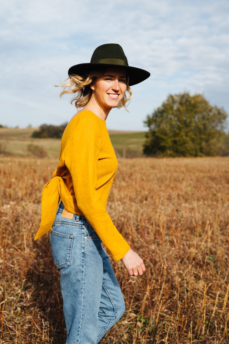 Peony Top Linen Top Backless Linen Top Long Sleeve Linen Top Yellow Linen Top Linen Blouse Women Linen Top Summer Linen Top image 8