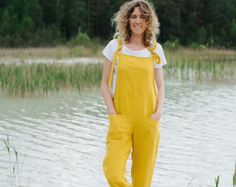 Malibu Jumpsuit - Linen Overall - Women Linen Romper - Long Pants Jumpsuit - Women Linen Jumpsuit - Summer Jumpsuit - Yellow Linen Jumpsuit