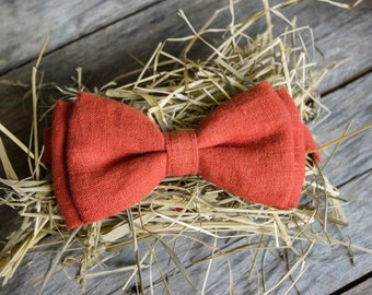 Orange Bow Tie - Linen Bow Tie - Bow Tie For Men - Men's Bow Tie - Rustic Bow Tie - Wedding Bow Tie - Party Bow Tie - Gift For Men